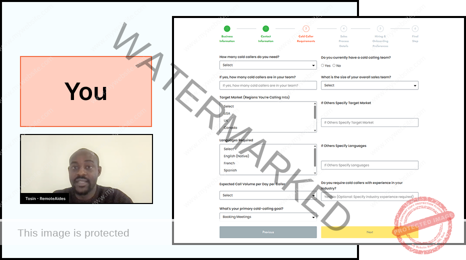 RemoteAides cold calling agency booking form where startups select rep preferences and share ICP details to get matched with trained callers