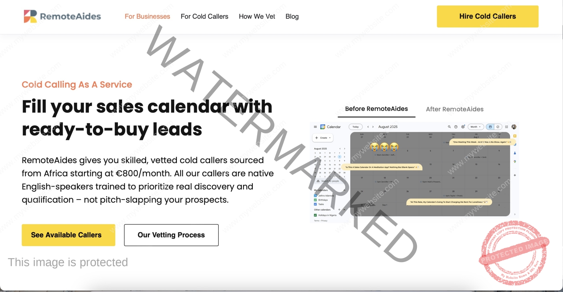 RemoteAides landing page highlighting cold calling reps from a lean outbound cold calling agency for startups
