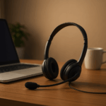Modern office workspace featuring a headset on a minimalist startup desk, open laptop, and coffee cup — representing human-centered, phone-first B2B sales by a cold calling agency.