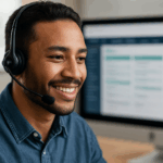 Sales representative on a call with CRM tools in the background, illustrating the work of cold calling agencies in Europe for B2B startups.