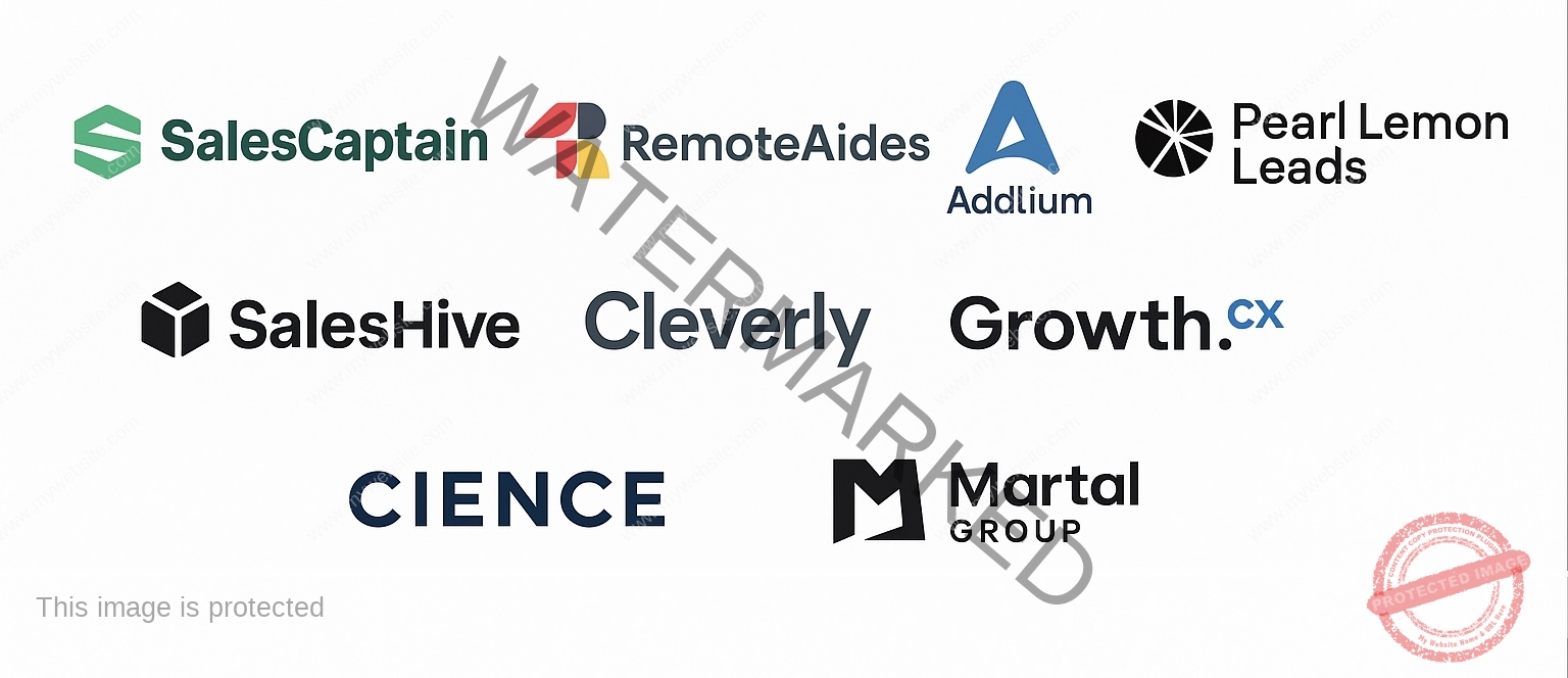 Logos of the top 10 cold calling agencies in Europe for 2025, including RemoteAides, SalesCaptain, Addlium, Pearl Lemon Leads, RevBoss, SalesHive, Cleverly, Growth.cx, CIENCE, and Martal Group.