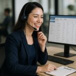 A professional female sales representative working at a cold calling agency, wearing a headset and smiling during an outbound cold call, seated at a modern desk with CRM software and a “Cold Calling” screen on her monitors, alongside a printed call script