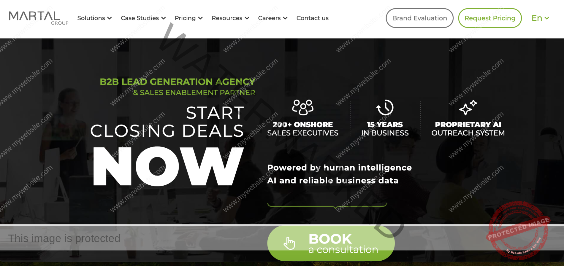 Screenshot of Martal Group landing page, B2B cold calling agency in comparison to Apollo.